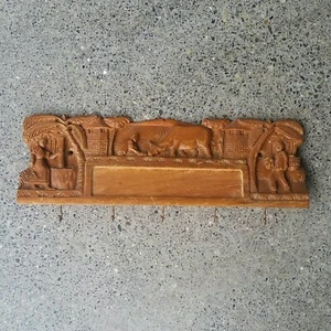 Vtg Wood Key Holder Wall Hook Rack Hand Carved African Farmer Cassava Palm Cow - Picture 1 of 9