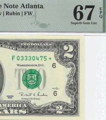 1995 $2 ATLANTA * STAR * ⭐️ FRN. PMG Superb Gem Uncirculated 67 EPQ Banknote. - Image 1 of 3