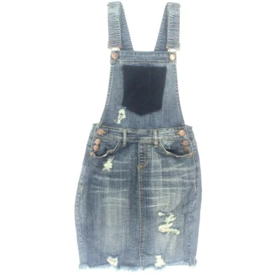Dollhouse Bib Overall Jean Skirt Dress Women Size 1 Destressed Destroyed Raw Hem - Image 1 of 4