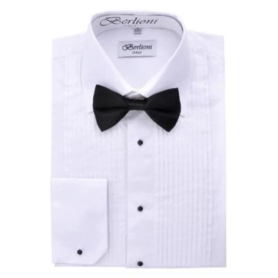 New Berlioni Italy Men's Premium Tuxedo Dress Shirt Laydown Collar Bow-Tie White - Image 1 of 2