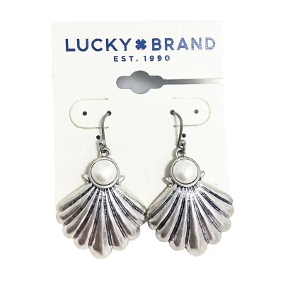 Lucky Brand Antiqued Silver Tone Seashell Imitation Pearl Drop Earrings - Image 1 of 4