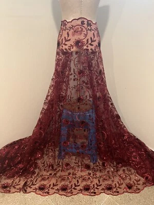 Burgundy Embroidery  Sequins Lace Fabric 50” Width 1 Yard - Image 1 of 4