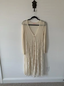 Blush Large Fine Gauge And Lace Ivory Long ( Festival, Boho) Cardigan NWOT - Picture 1 of 8