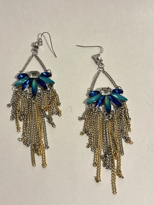 Pendientes perforados Jennifer Lopez plata imitación cristales azules transparentes colgantes raros Foto 1 de 4