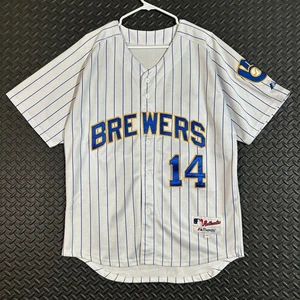 Brewers Majestic McGehee White Blue Short Sleeve Jersey Button Up Men's Size 48 - Picture 1 of 7