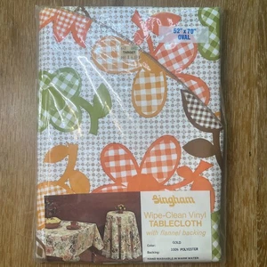 Vintage MCM Mod Blume Vinyl Flanell Rückseite Tischdecke oval 52 x 70" Gold Neu aus altem Lagerbestand - Bild 1 von 8