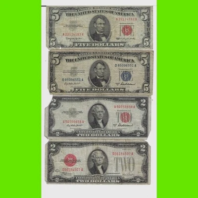 Lot Of 4   1963$5 red seal 1953blue seal $ $5 1953 $2 red seal 1928 $2 red seal  - Image 1 of 2