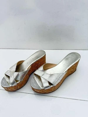 JIMMY CHOO Champagne Metallic Cork Platform Wedges 35.5/5.5 - Image 1 of 4