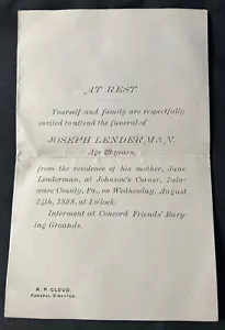 Antiguo 1898 AVISO DE DEFUNCIÓN FUNERAL Joseph Lenderman 29 años PA del condado de Delaware - Imagen 1 de 7