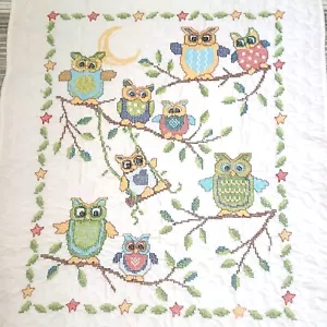 Cross Stitched Baby Blanket Quilt Playful Owls Colorful Whimsical Light Cotton - Picture 1 of 6