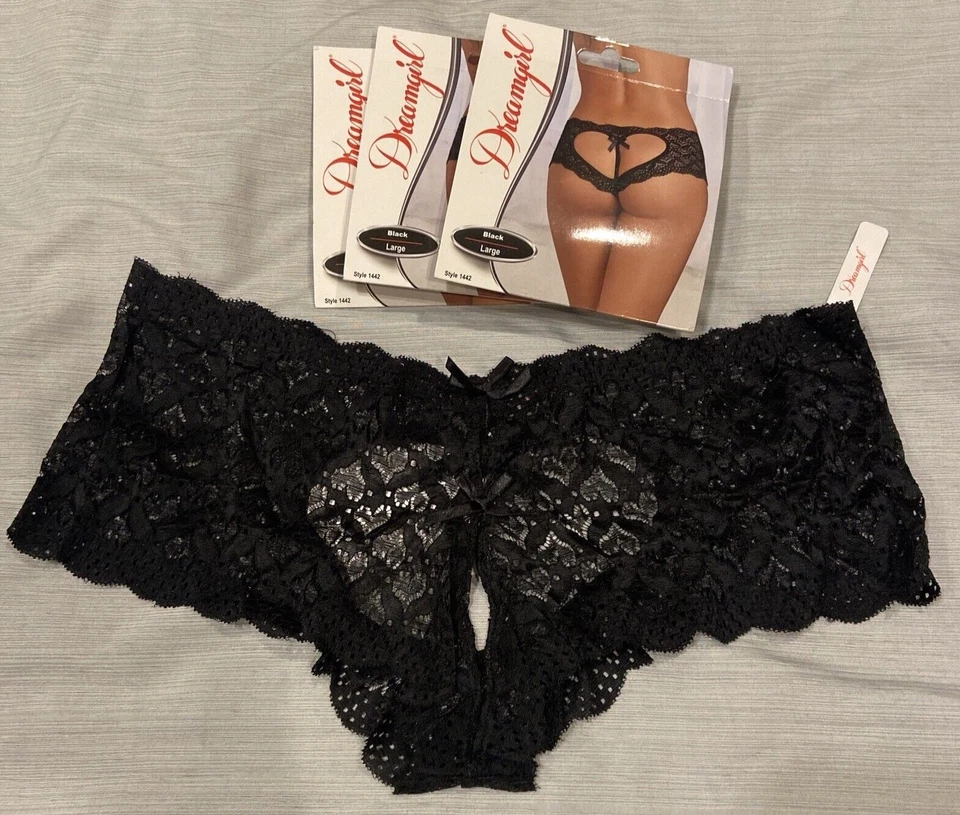 Panty de encaje Dreamgirl con entrepierna abierta y corazón recortado en la espalda, talla: L Color: negro Foto 1 de 1