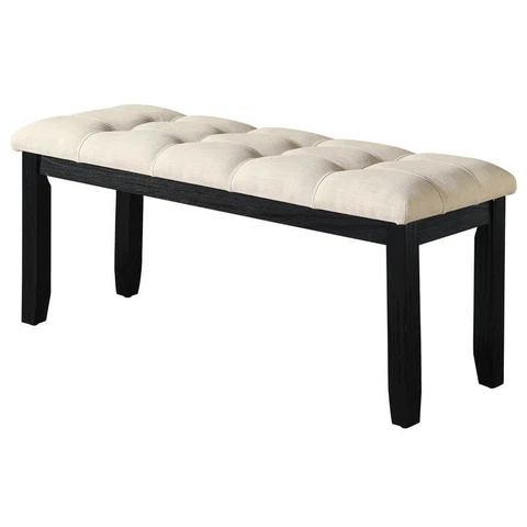 Beige Fabric Linen Wood Dining Bench with Tufted Seats and Black Base Cover