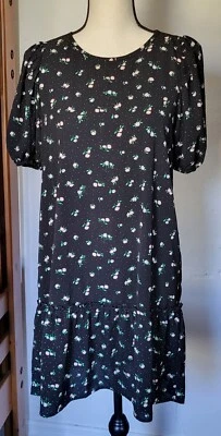 80's Style Puff Sleeve Mini Dress - Black Floral - Drop Waist Shift Size S Small - Image 1 of 4