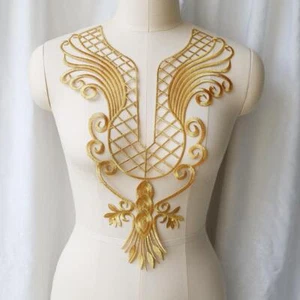 Parche de costura de hierro bordado dorado con apliques de flores barrocas parches de vestido de fiesta - Imagen 1 de 10