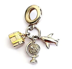 Sterling Silver Travel Suitcase Globe Airplane Triple Dangle Charm for Bracelets - Picture 1 of 4