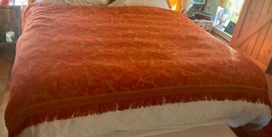 Vtg Orange red brocade Fringe BedSpread Cover MCM Retro mid century modern - Picture 1 of 6