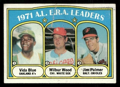 1972 Topps #92 1971 A.L. E.R.A. Leaders (Vida Blue / Wilbur Wood / Jim Palmer) Foto 1 de 2