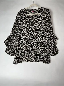 Vince Camuto Blouse Women Size 2X Brown Animal Print Bell Sleeve V-Neck Top - Picture 1 of 4