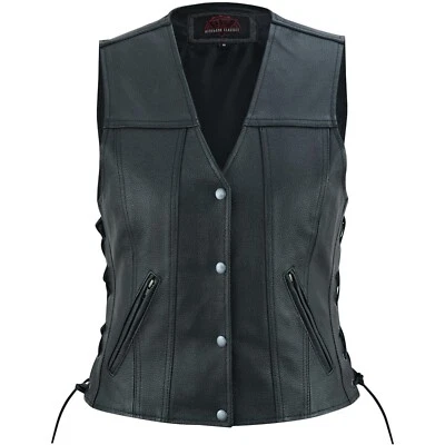 Women Leather Vest V Neck Design Biker Vest, Side Laces & Concealed Pocket Black - Image 1 of 4