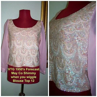Blusa Top De Colección Años 50 Forecast AB Lentejuelas y Cuentas Rosa Movible Fiesta Talla 12 Foto 1 de 4