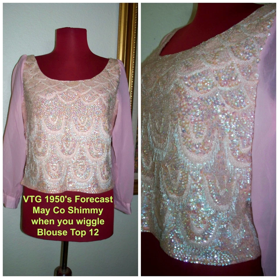 Blusa Top De Colección Años 50 Forecast AB Lentejuelas y Cuentas Rosa Movible Fiesta Talla 12 Foto 1 de 4
