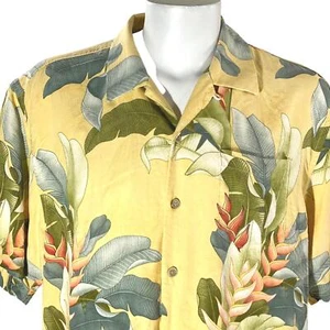 Camisa Hawaiana Tommy Bahama XL Flores Tropicales Hoja Frondas Amarillo Seda - Imagen 1 de 6