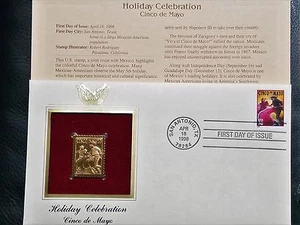 22K Gold 1998 Cinco de Mayo 1st Day Cover Gold Proof Stamp Replica NO Address - Picture 1 of 1