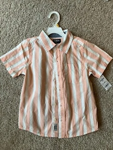 Oshkosh Size 7 Boys Short Sleeve Button-up Shirt Coral Orange White Stripe - Picture 1 of 4