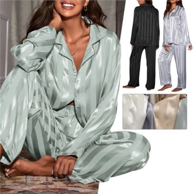 Damen Satin Pyjama Langarm Lounge Nachtwäsche Schlafanzug Set, Negligee Dessous - Bild 1 von 4