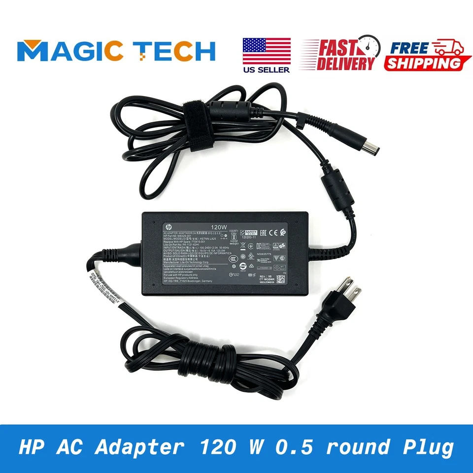 Cargador y cable de alimentación adaptador de CA para portátil HP 120W 6.15A 19.5V Foto 1 de 4