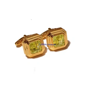 Natural Lemon Quartz stone 925 sterling silver Gold Finish Cufflinks for Men #81 - Picture 1 of 3