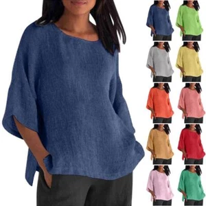 Linen Shirts for Women, Casual 3/4 Sleeve Solid Color Loose Crew Neck Tunic Tops - Picture 1 of 45