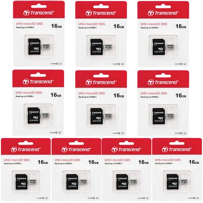 10x Transcend 16GB 300s 95MB/s Class 10 Micro SDHC Memory Card with SD Adapter - Image 1 of 3