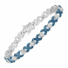 Tennis Bracelet with Blue Diamond in Sterling Silver Over Brass