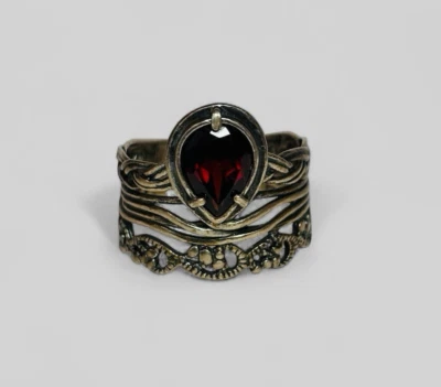 Anillo O Paz Israel Plata de Ley 925 en Forma de Pera Piedra Roja Talla 10.25 Foto 1 de 4