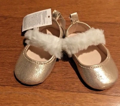 NWT Gap Fur Trimmed Gold Ballet Flats, 6-12 Mo, 12-18 Mo, 18-24 Mo - Image 1 of 2