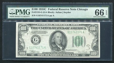 FR. 2155-G 1934-C $100 FRN CHICAGO, IL PMG GEM UNC-66EPQ *FINEST KNOWN* - Image 1 of 2