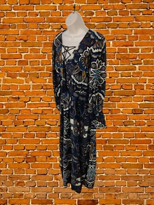 BNWT H&M NAVY DRESS SIZE UK 12 VISCOSE WOMENS LONG SLEEVE FLORAL LACE UP MAXI - Picture 1 of 5