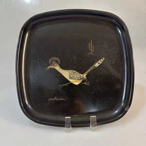 Couroc Of Monterey Roadrunner Black Inlaid Wood 8.5” Square Snack Tray MCM FLAW - Picture 1 of 5