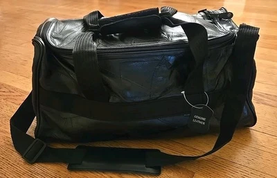 Black Genuine Leather Patchwork Duffle Bag Overhead Travel  18x8x8.5 NWT - Image 1 of 4