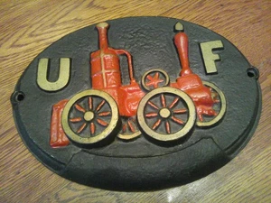 VINTAGE CAST IRON UF UNITED FIREFIGHTER INSURANCE STEAM FIRE ENGINE SIGN - Picture 1 of 3
