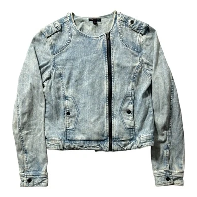 Jaqueta jeans feminina material azul lavagem ácida zíper completo tamanho M - Imagem 1 de 4