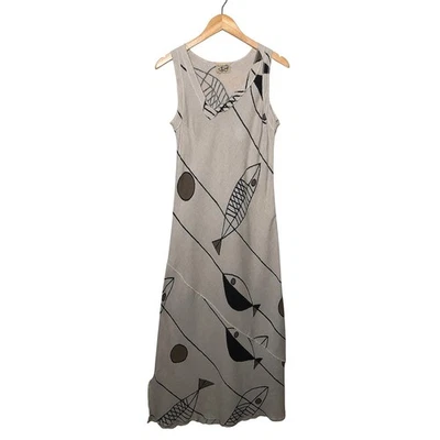 Terracotta Linen Blend Maxi Dress Beige Black Size 2 Fish Print Sleeveless Beach - Image 1 of 4