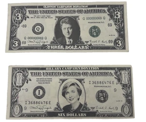 Bill & Hillary Clinton Novelty 3 & 6 Dollar Bills (Not Real Money) - Picture 1 of 4