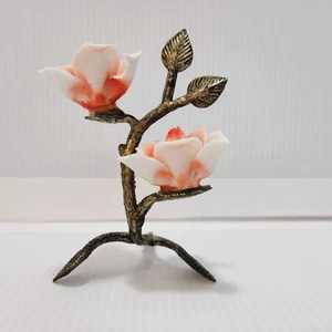 Rosa melocotón porcelana vintage Capodimonte con tallo de metal y hojas 4" - Imagen 1 de 8