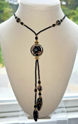 Vintage Venetian Murano Art Glass Beaded Black and Gold Necklace 18" LARIAT - Image 1 of 4