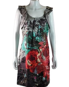 Oasis Grey Red Floral 100% Silk Evening Party Sleeveless Dress UK 12 EU 38 - Picture 1 of 11