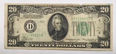 1934-D $20 Federal Reserve Note Cleveland Ohio Lime Green Seal Nice VF Condition - Image 1 of 2