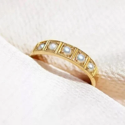 Genuine Pearl Half Eternity Band Ring In 14k Gold Thick Wide Ring For Wedding - Image 1 of 4