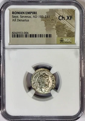 Leão Saltitante 193-211 AD Septimius Severus Ancient Silver Denarius NGC Choice XF - Imagem 1 de 4